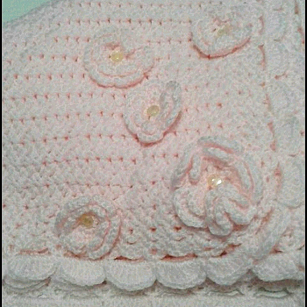 Vintage Handknitted Pink Crochet Baby Blanket Scalloped Edges & Flowers